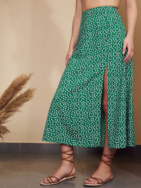 Berrylush Women Green Floral Printed High Rise Front Slit Midi Skirt
