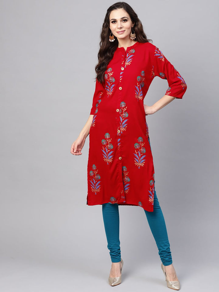 SOJANYA Women Red & Blue Foil Print Straight Kurta