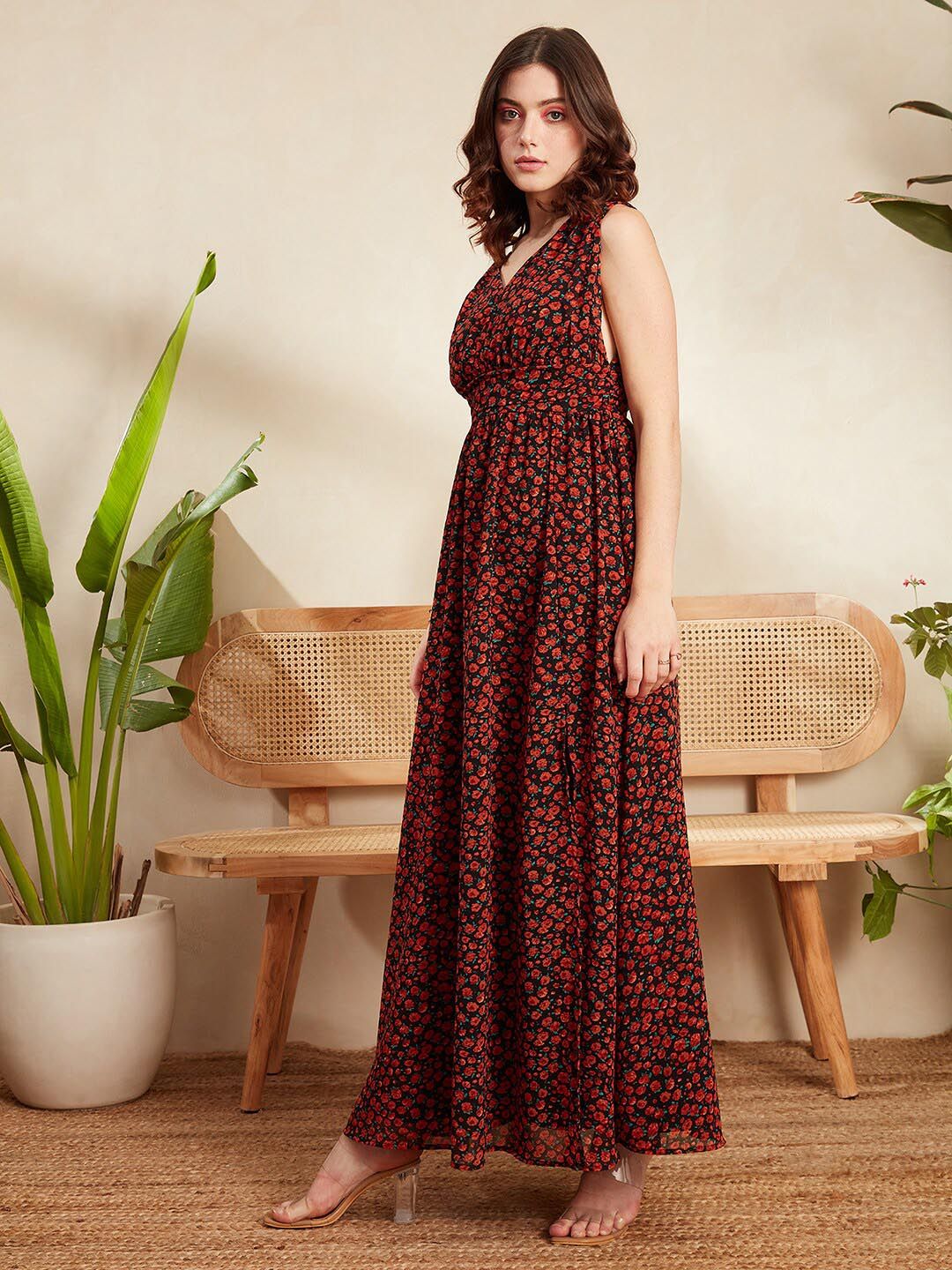 Berrylush Black & Red Floral Printed V-Neck Gathered Georgette Maxi Dress