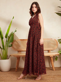 Berrylush Black & Red Floral Printed V-Neck Gathered Georgette Maxi Dress