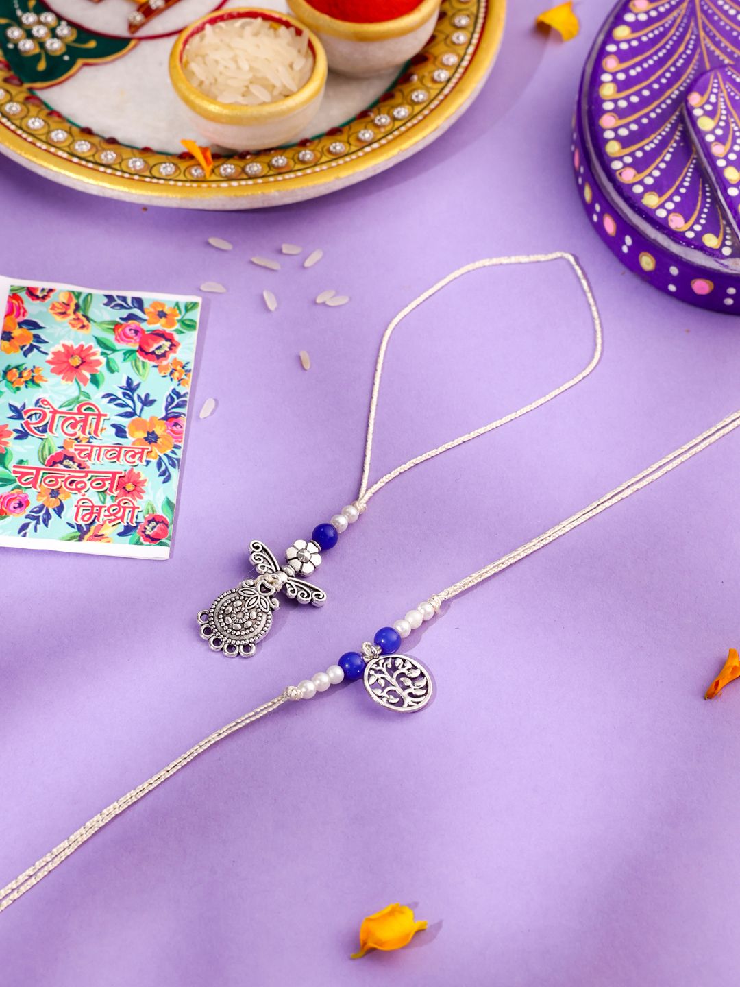 NVR Set of 2 Silver Toned Pearls & Beads Bhaiya Bhabhi Rakhi with Roli Chawal Chandan