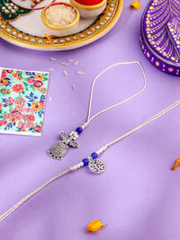 NVR Set of 2 Silver Toned Pearls & Beads Bhaiya Bhabhi Rakhi with Roli Chawal Chandan