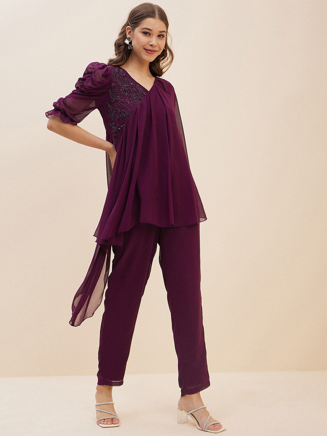 Antheaa Purple Embellished Top With Trousers