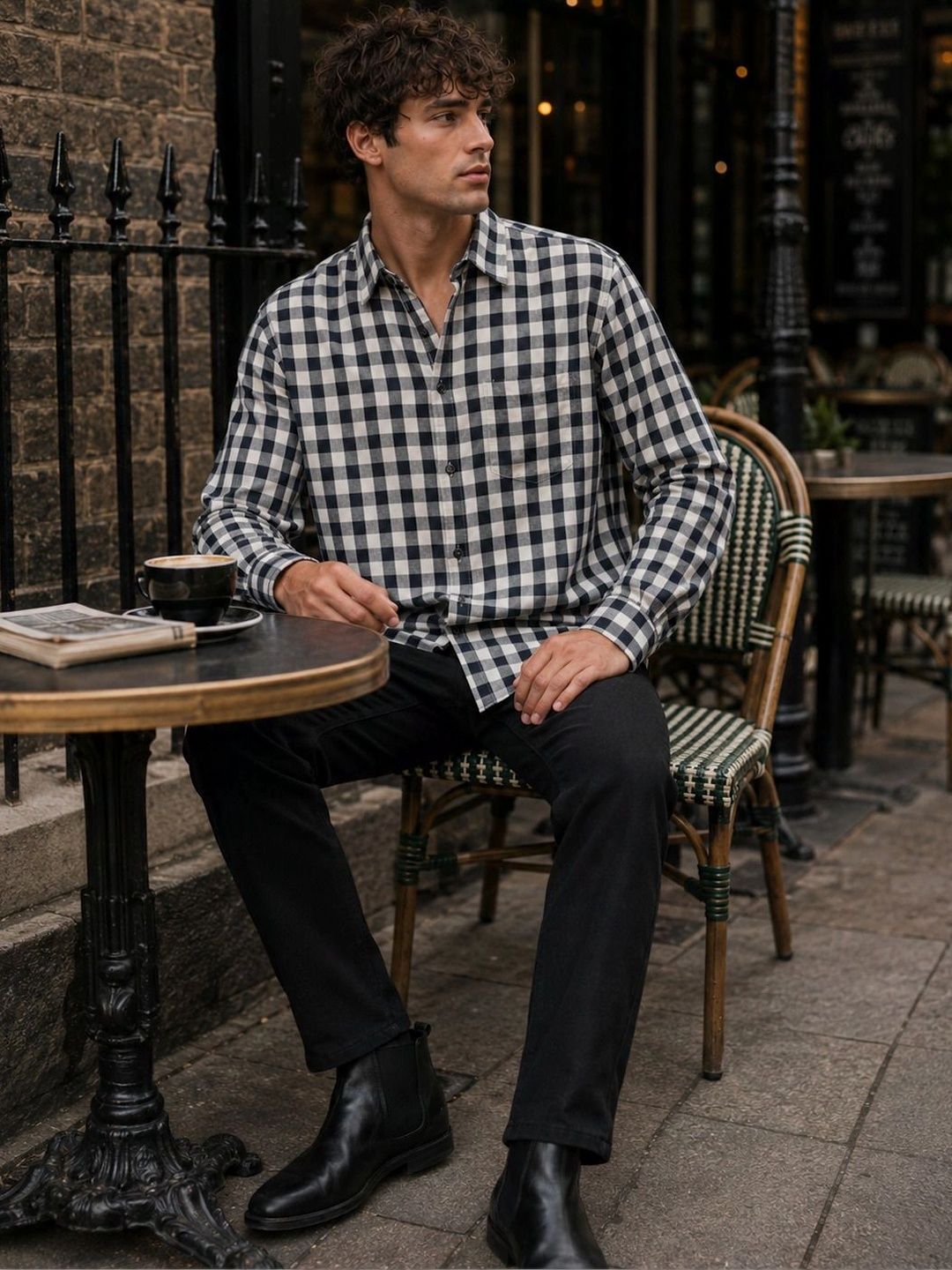 Eszett Gingham Checked Spread Collar Baju Poket Kapas Tulen