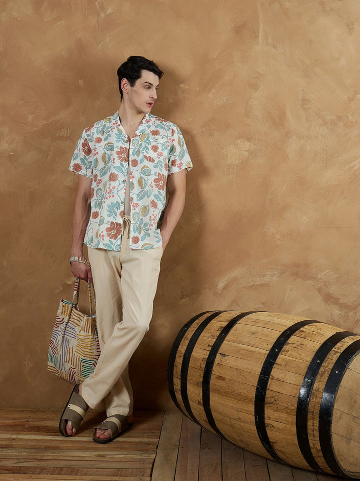 DENNISON Men White Regular Fit Floral Printed Casual Shirt