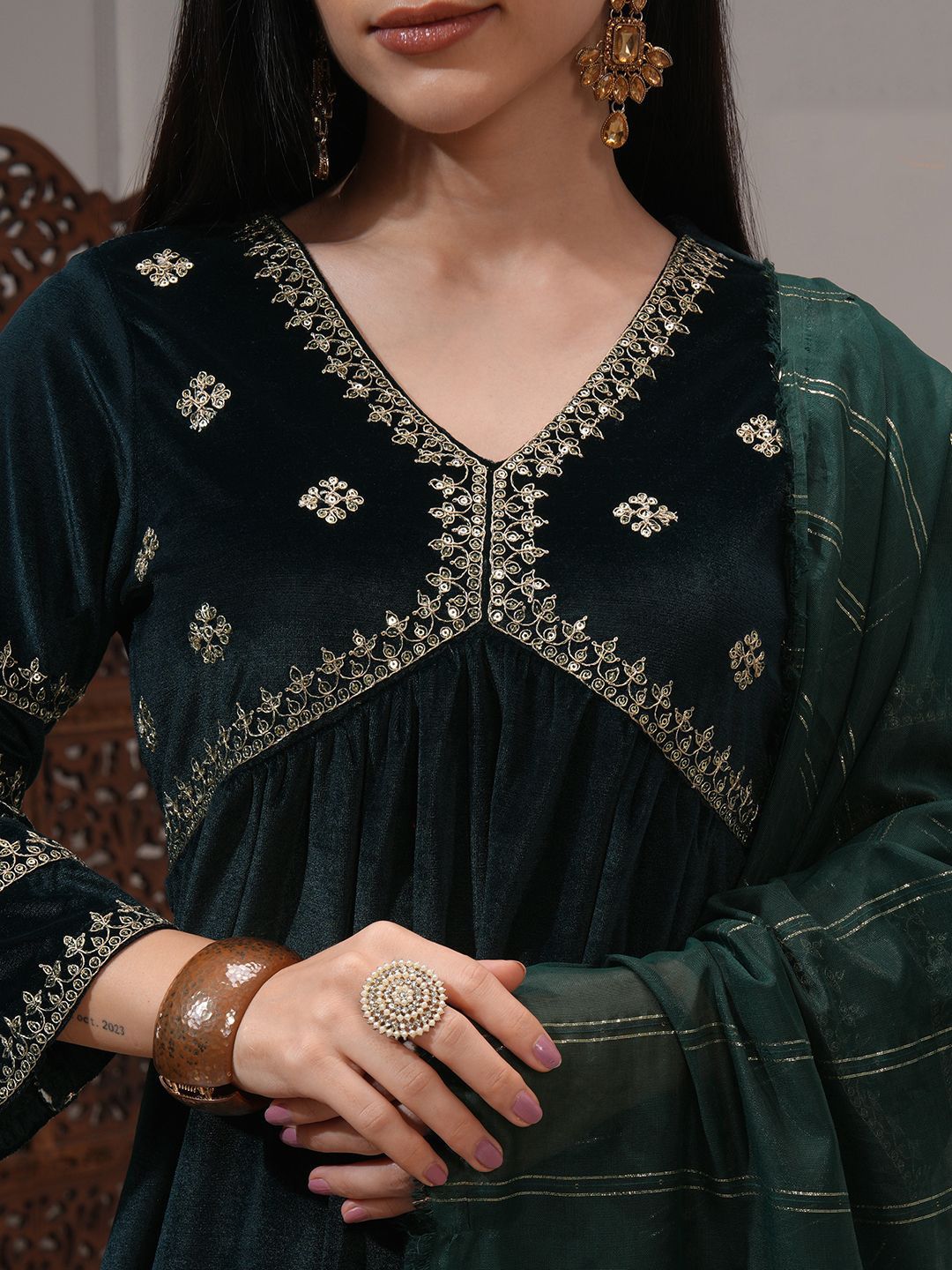 Vishudh Women Embroidered Velvet Gathe Kurta with Slim Palazzo & Dupatta