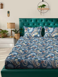 KLOTTHE Blue Floral Polycotton 300 TC King Bedsheet with 2 Pillow Covers-98 x 89 inches
