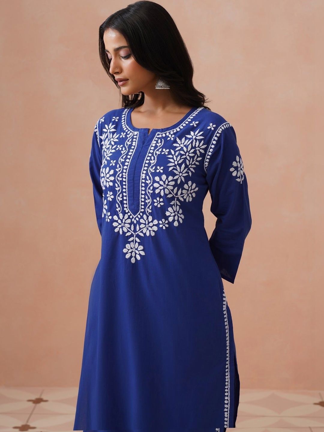 House of Chikankari Women Kurta Biasa Biru dengan Set Seluar