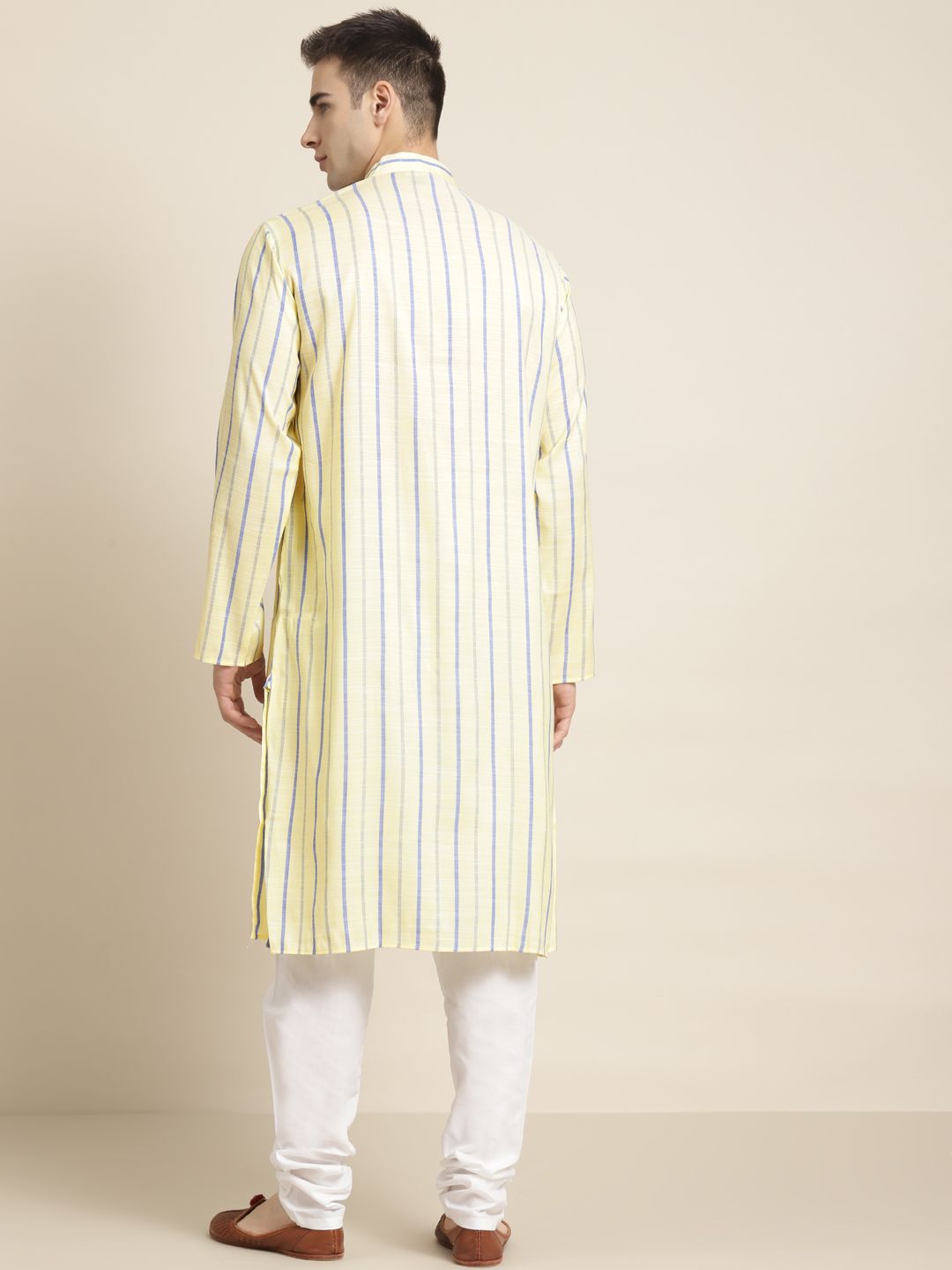 SOJANYA Kurta Lurus Berjalur Kapas Kuning & Ungu Lelaki