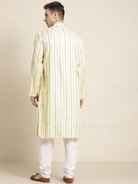 SOJANYA Kurta Lurus Berjalur Kapas Kuning & Ungu Lelaki