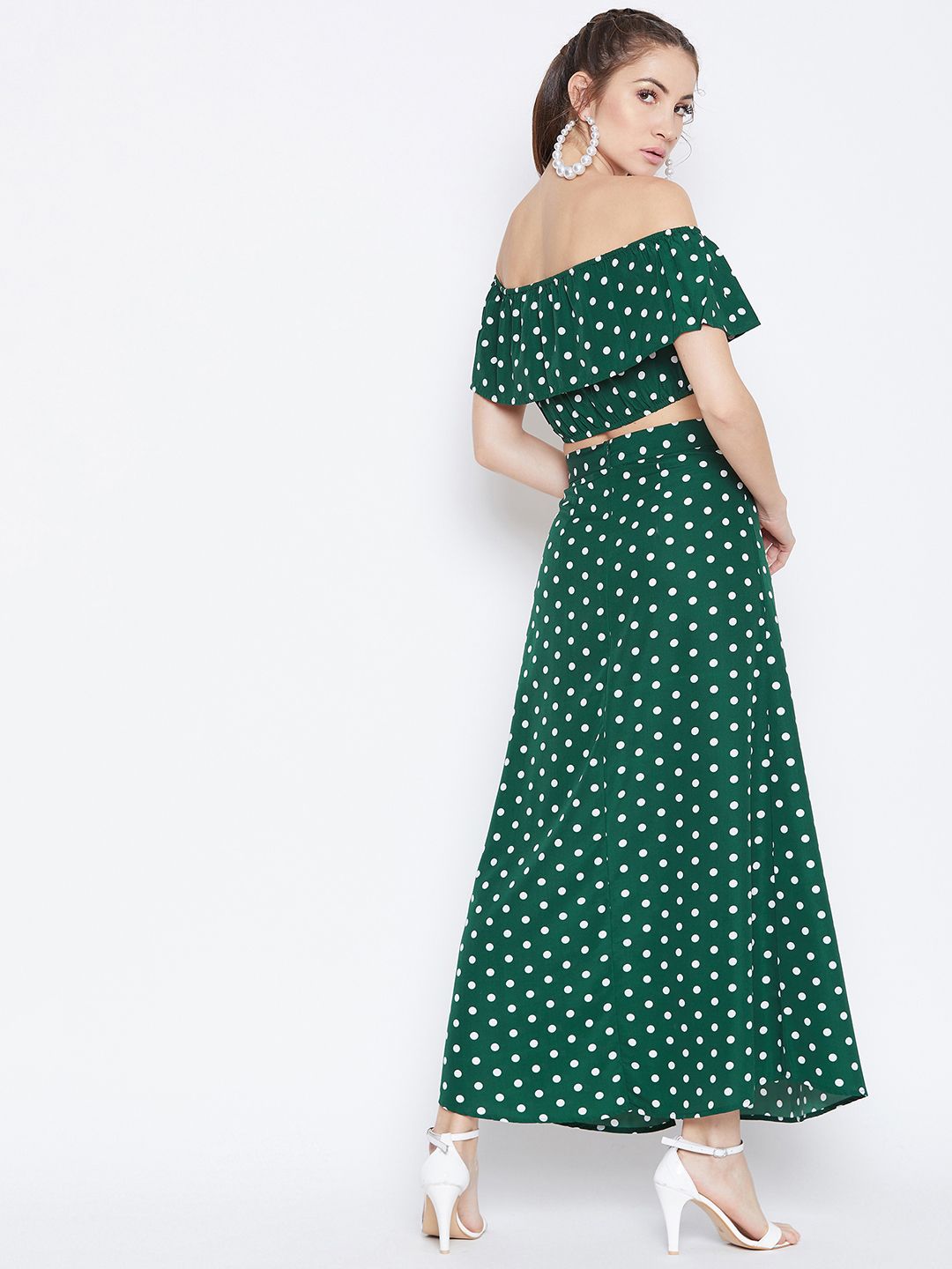 Berrylush Green Polka Dot Print Two-Piece Bardot Dress