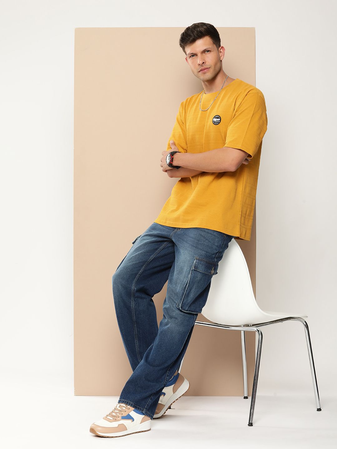 Difference of Opinion Men Self Design Applique Oversized T-shirt