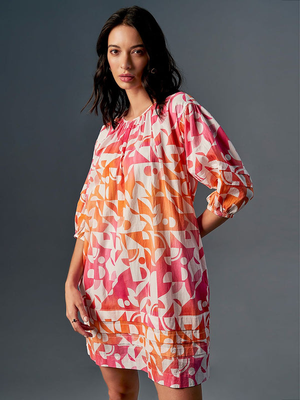 AND Round Neck Abstract Print Puff Sleeve Fit & Flare Midi Dress