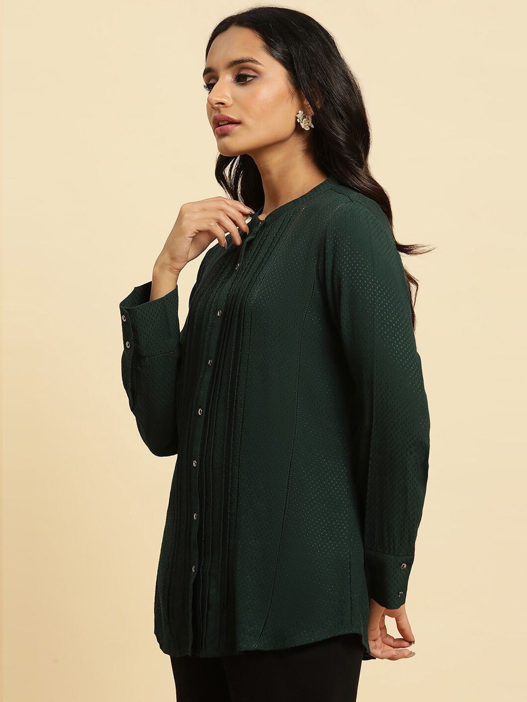 W Green Self Design Mandarin Collar Gathered or Pleated Shirt Style Top