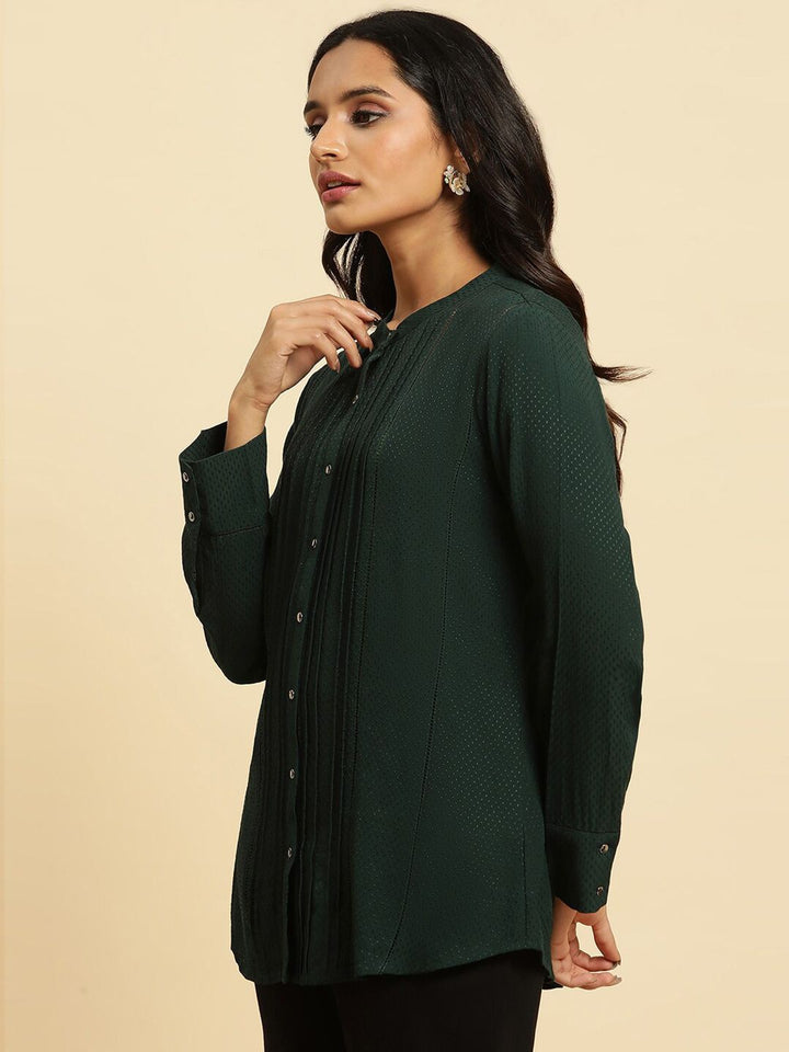 W Green Self Design Mandarin Collar Gathered or Pleated Shirt Style Top