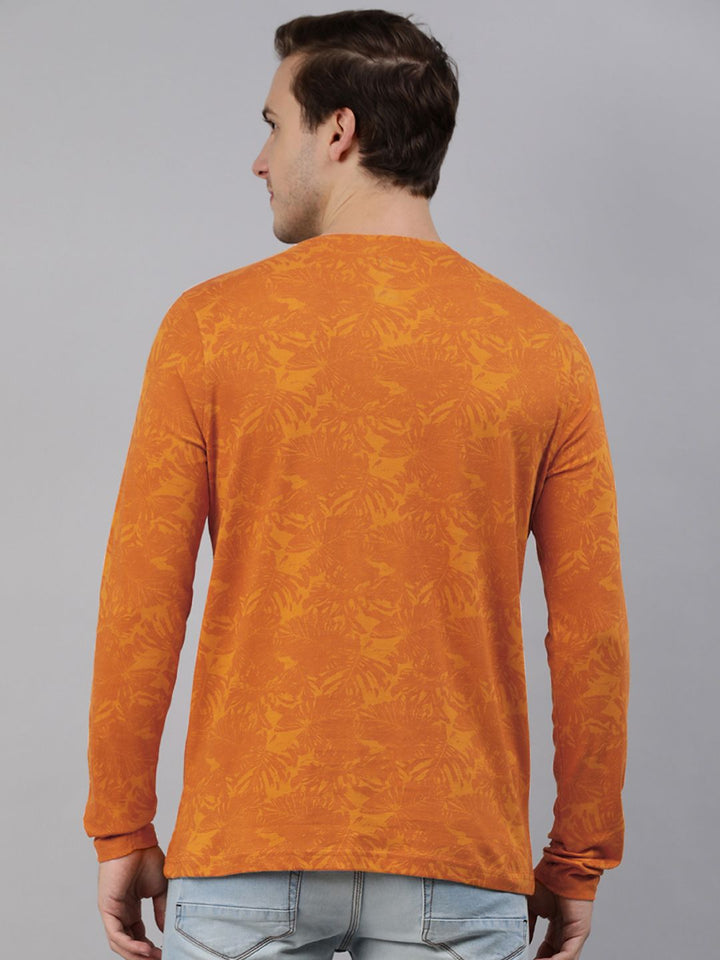 Urbano Fashion Men Mustard Yellow Printed Slim Fit Pure Cotton T-shirt