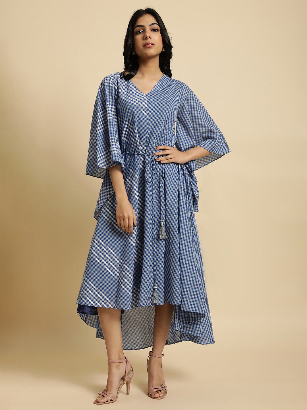 W Checked Kimono Sleeves Kaftan Pure Cotton Midi Dress