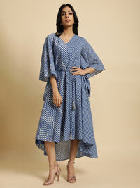 W Checked Kimono Sleeves Kaftan Pure Cotton Midi Dress