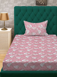 KLOTTHE Pink & White Printed Pure Cotton 400 TC Single Bedsheet With Pillow Cover