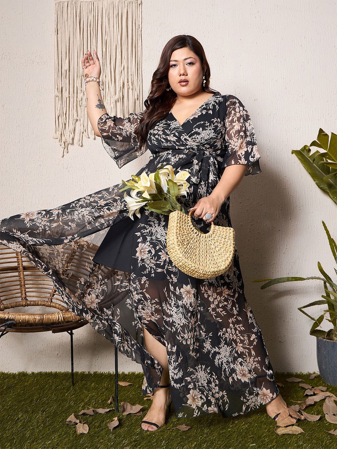 Berrylush Curve Women Floral Print Chiffon Empire Midi Dress