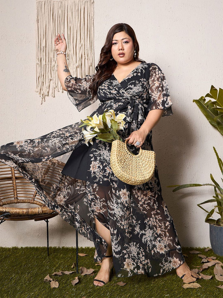 Berrylush Curve Women Floral Print Chiffon Empire Midi Dress