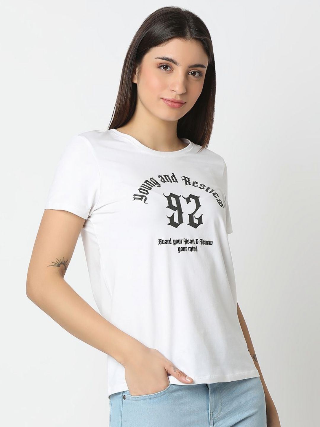 SPYKAR Women Typography Printed Round Neck Cotton T-shirt