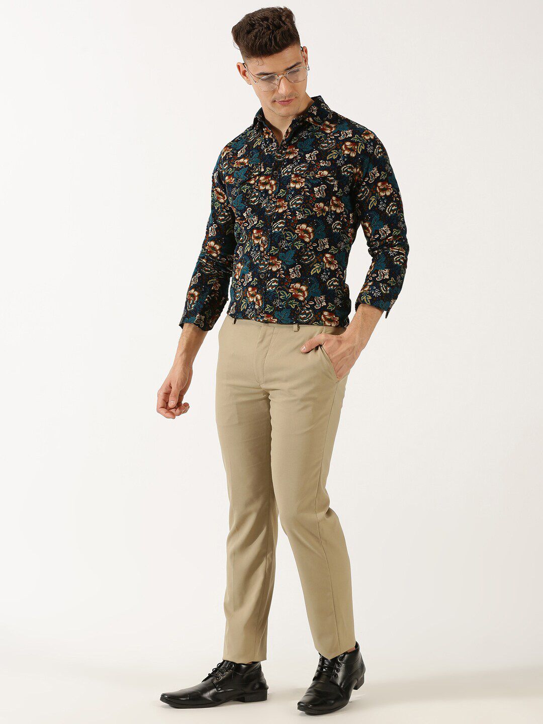 Thomas Scott Classic Slim Fit Corduroy Floral Printed Pure Cotton Semiformal Shirt