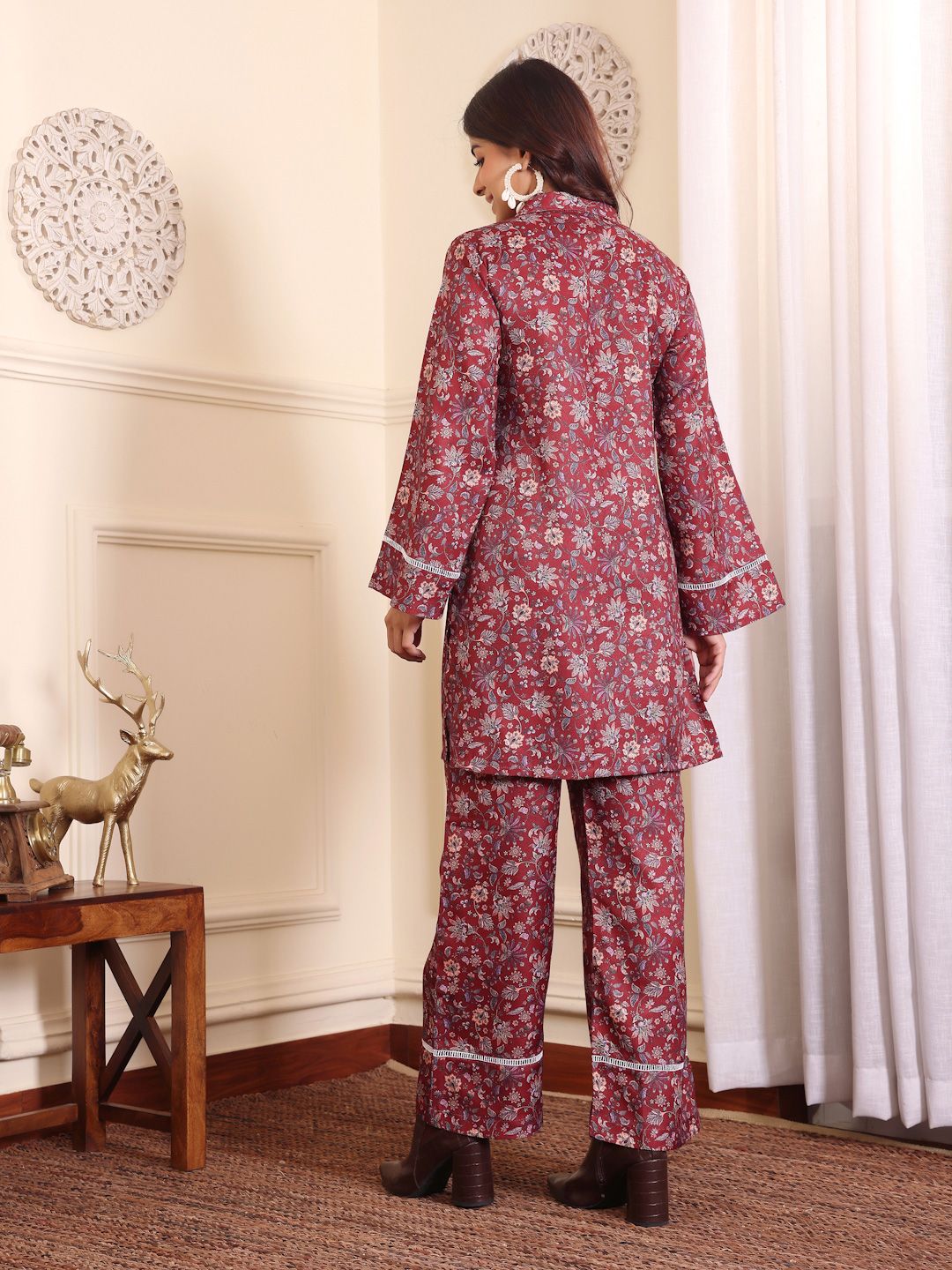 Varanga Floral Printed Shirt Collar Flared Sleeves Casual Tunic With Trousers