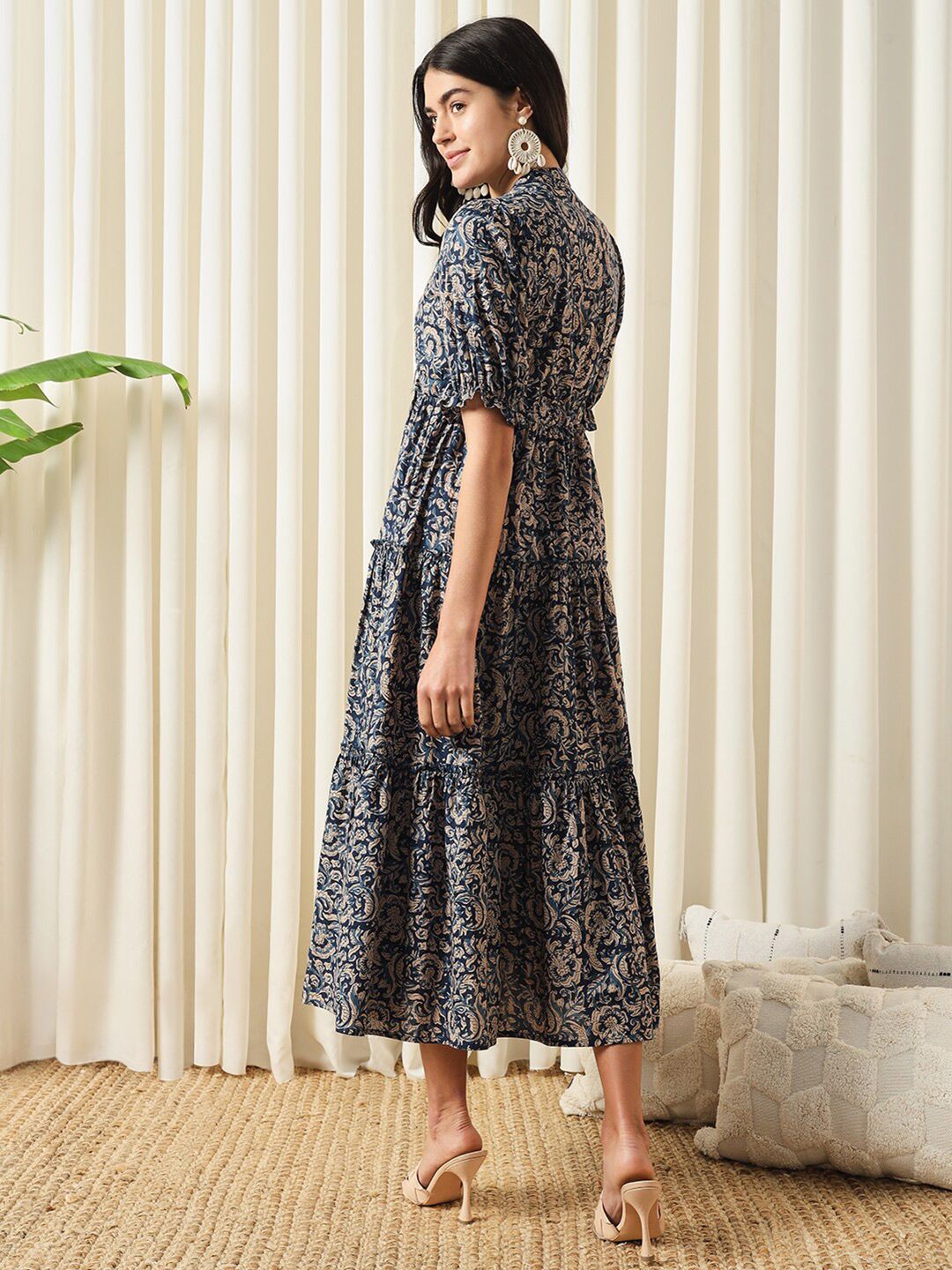 KALINI Floral Printed Mandarin Collar Puff Sleeves Cotton Fit and Flare Dress