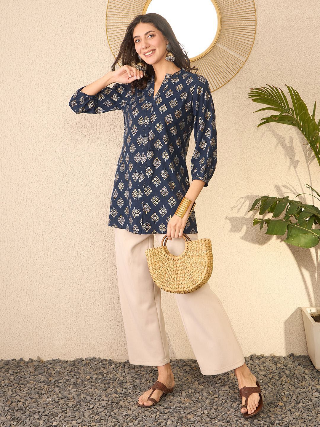 KALINI Floral Print Mandarin Collar Top