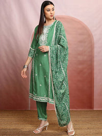 Vishudh Green Embroidered Regular Thread Work Kurta with Trousers & Dupatta