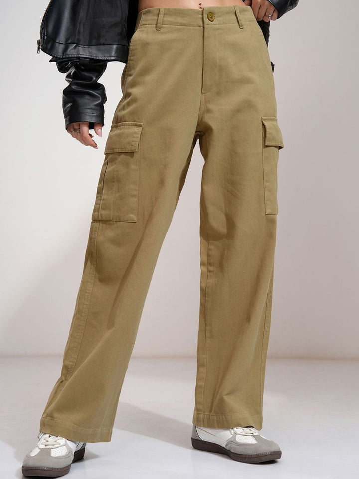 Tokyo Talkies Women Solid Pure Cotton Straight Fit Cargo Pants
