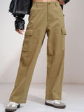 Tokyo Talkies Women Solid Pure Cotton Straight Fit Cargo Pants