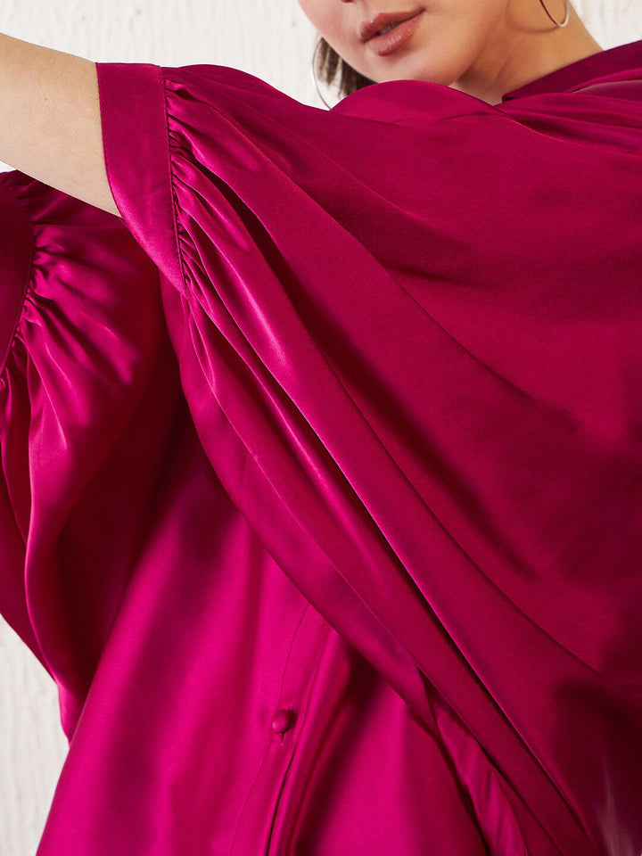 Antheaa Pink Comfort Fit Kimono Sleeves Longline Satin Shirt