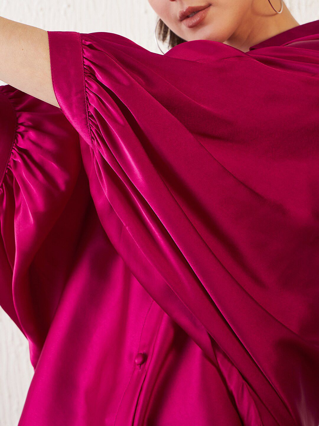 Antheaa Pink Comfort Fit Kimono Sleeves Longline Satin Shirt