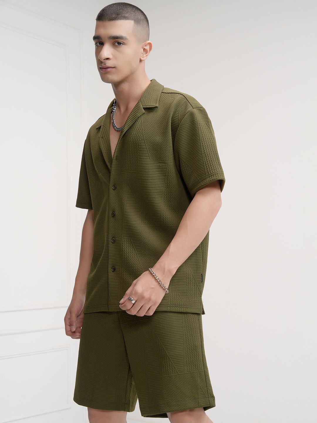 HIGHLANDER Self Design Cuban Collar Shirt With Shorts