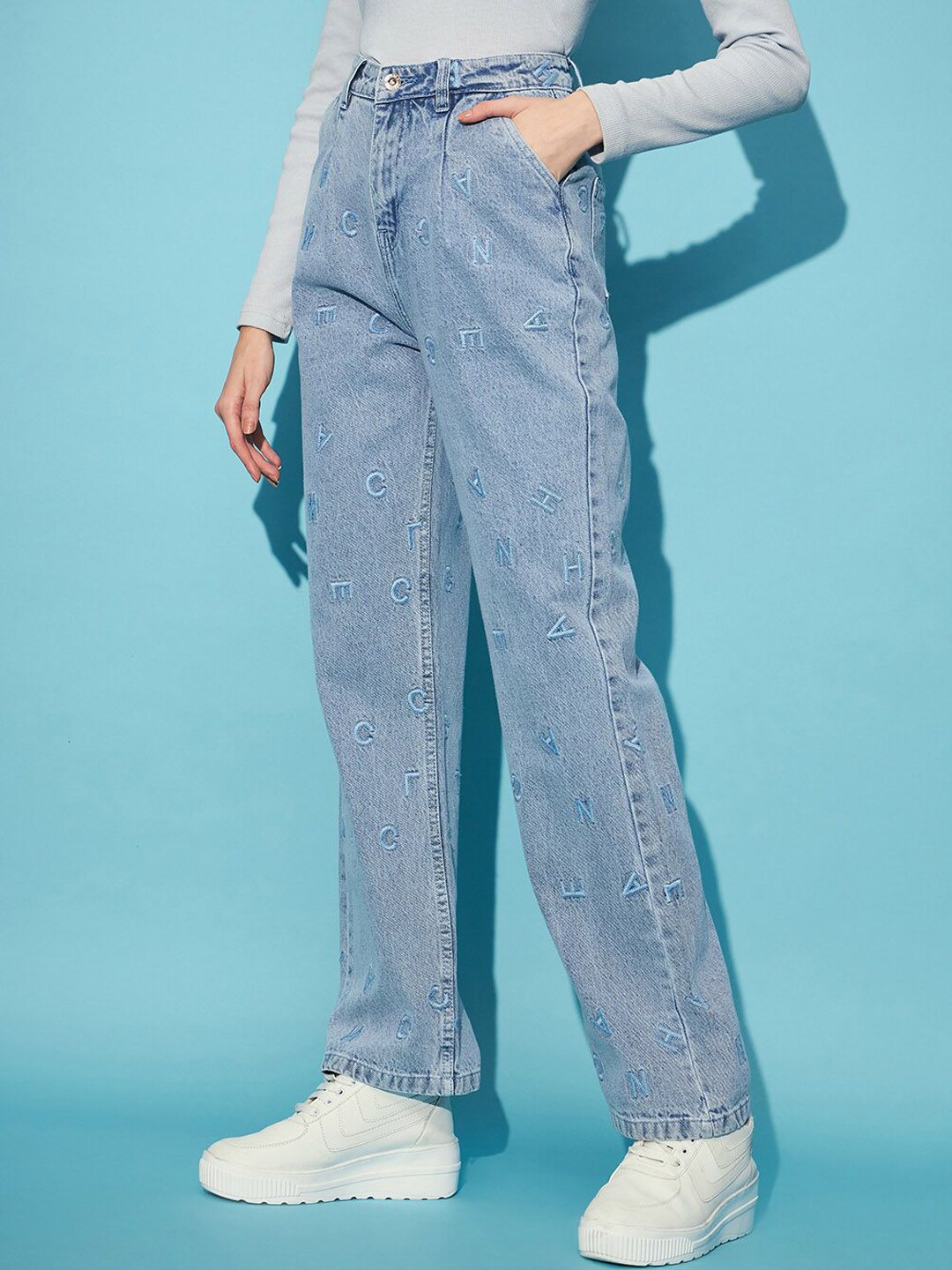 STREET 9 Women Blue Embroidered Clean Look Straight Fit High-Rise Pure Cotton Jeans