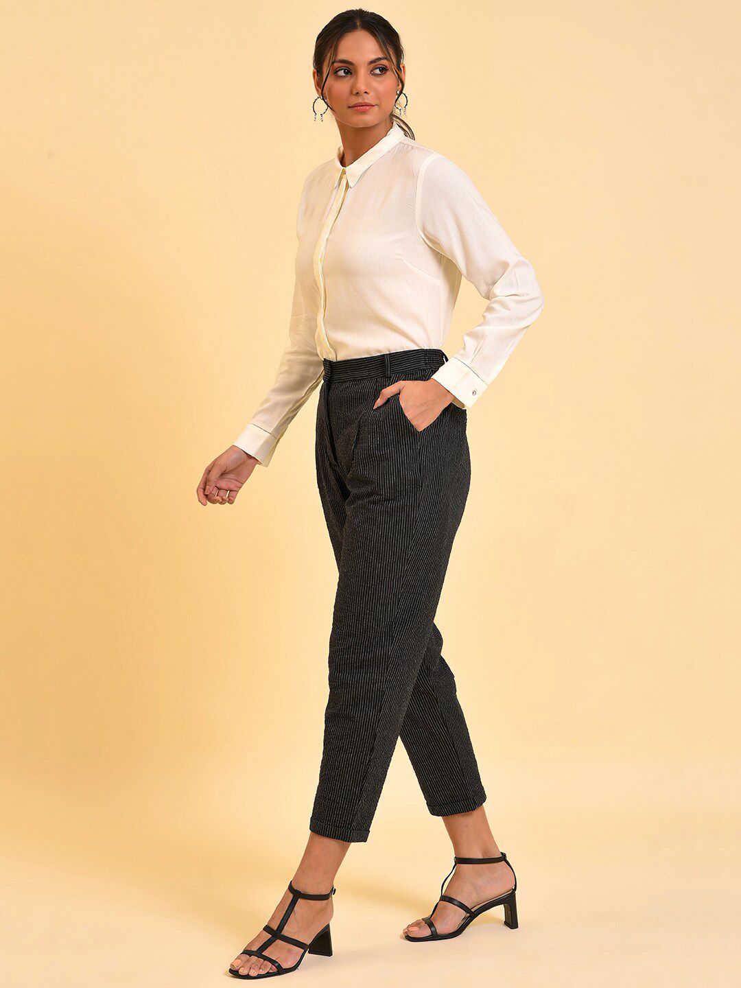 W Women Black Striped Pure Cotton Pleated Trousers