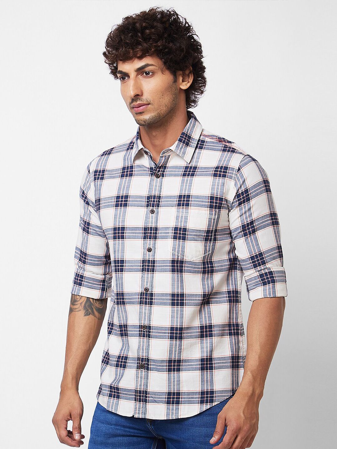 SPYKAR Tartan Checked Spread Collar Cotton Casual Shirt
