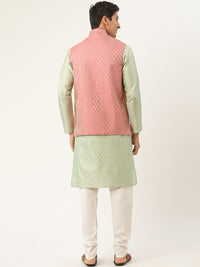 SOJANYA Kurta Motif Etnik Hijau & Merah Jambu Lelaki dengan Jaket Churidar & Nehru