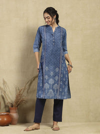 House of Chikankari Women Blue Denim Hand Embellished Kurta
