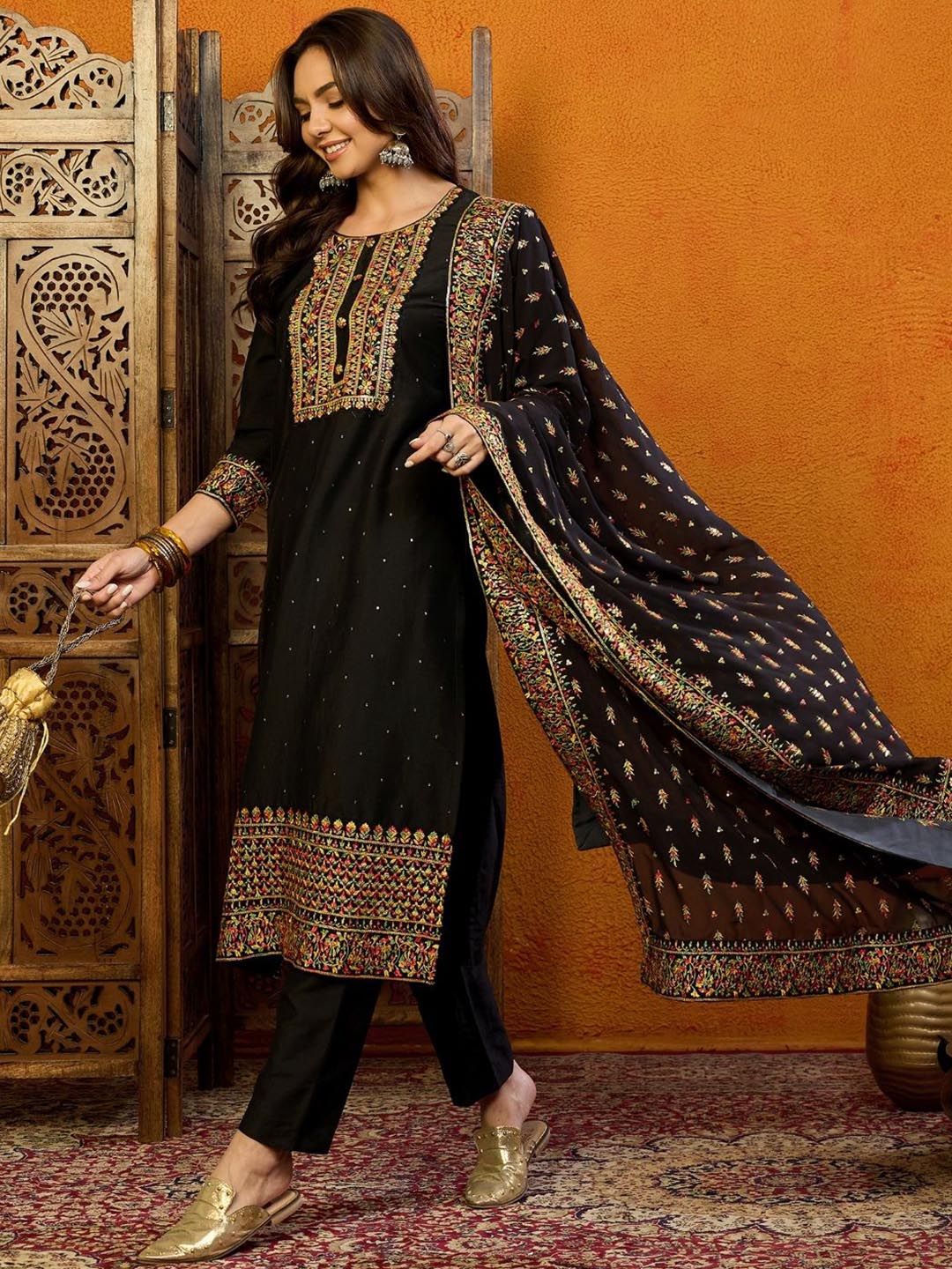 KALINI Ethnic Motifs Embroidered Thread Work Straight Kurta with Trousers & Dupatta