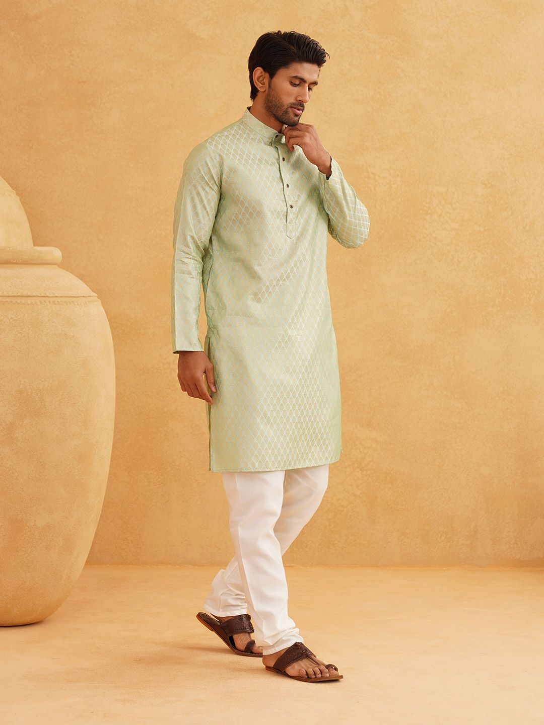 SOJANYA Floral Woven Design Mandarin Collar Kurta with Churidar