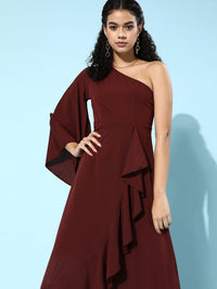Berrylush Women Charming Maroon Solid Flounced Dress
