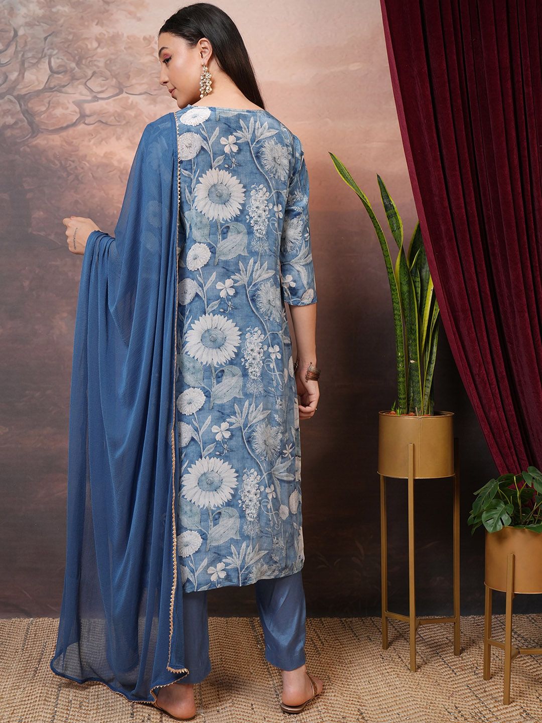 Vishudh Grey Floral Printed Beads & Stones Straight Kurta With Trousers & Dupatta