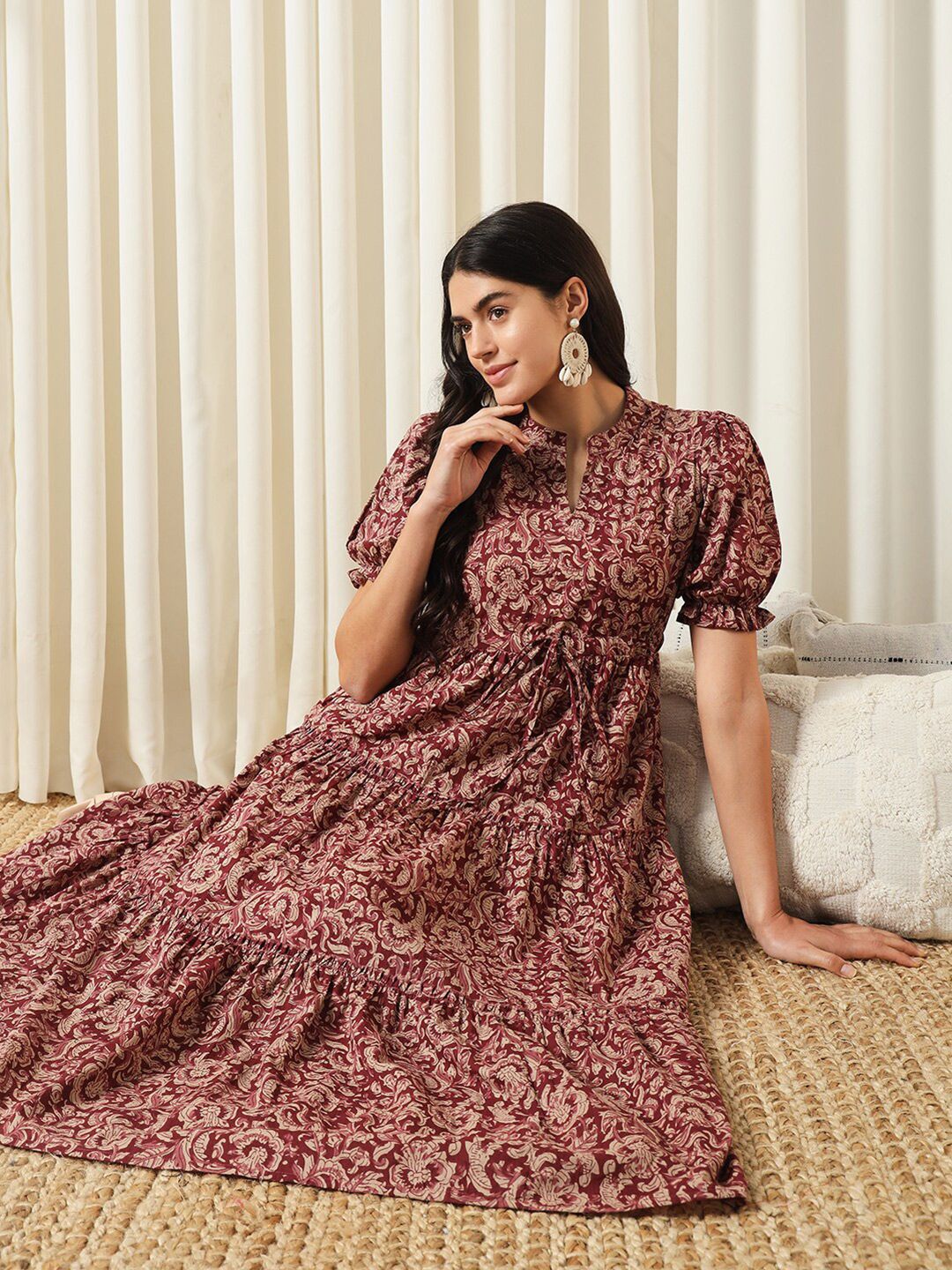 KALINI Floral Printed Mandarin Collar Puff Sleeves Cotton Fit and Flare Dress