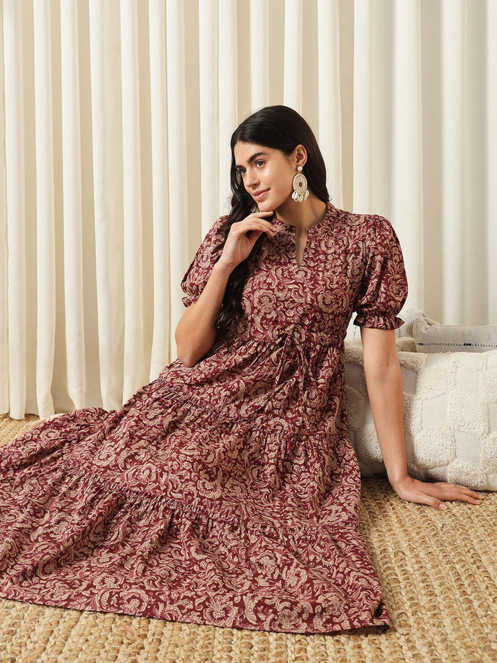 KALINI Floral Printed Mandarin Collar Puff Sleeves Cotton Fit and Flare Dress