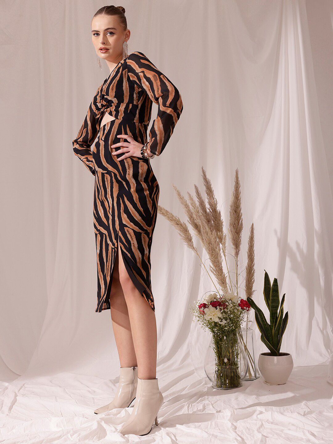 STREET 9 V Neck Long Sleeves Animal Print Georgette Fit & Flare Midi Dress