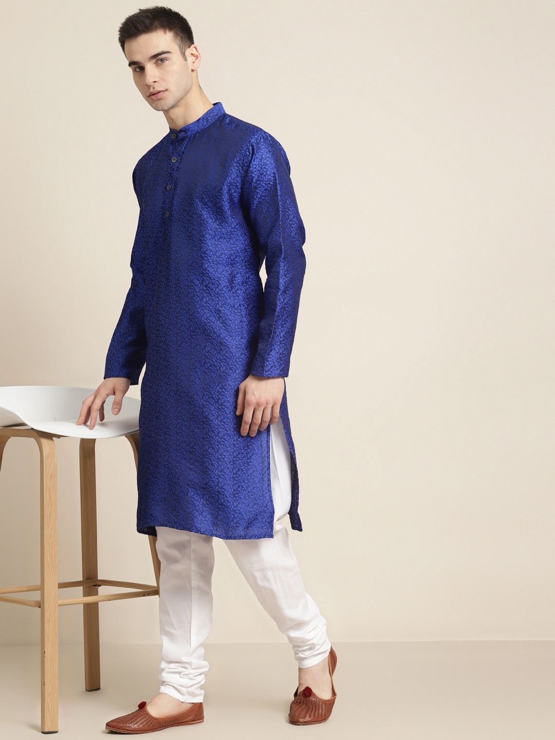 SOJANYA Lelaki Biru Etnik Kurta Jacquard Silk
