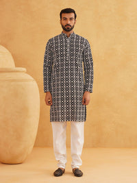 SOJANYA Ethnic Motifs Embroidered Mandarin Collar Thread Work Cotton Kurta with Pyjamas